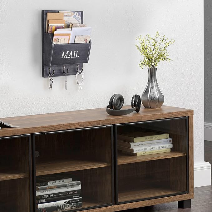 DLQuarts Mail Organizer with Key Holder for Wall, Mail Sorter Wall Mounted, Decorative Wooden Key and Mail Holder with 3 Hooks, Black