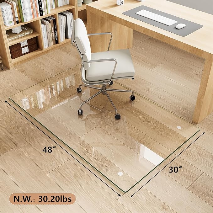 Tempered Glass Chair Mat for Carpet & Hard Floor, 30"x48" Office Chair Mat - Heavy Duty & Scratch Resistant, Non-Slip Pads, Rounded Corners & Polished Edges