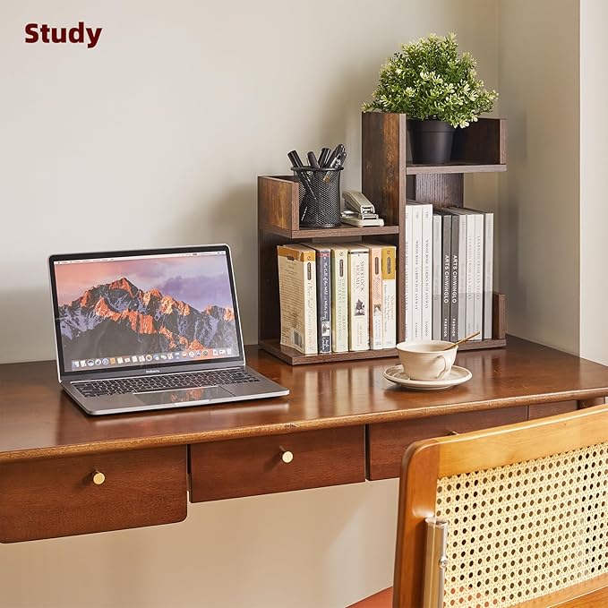 Book Display Shelf Small Desk Organizer, Desk Top Storage Organizer, Cookbook Storage Kitchen Counter Shelf, Tabletop Plant Shelf Stand Rustic Brown YD-DSR002H