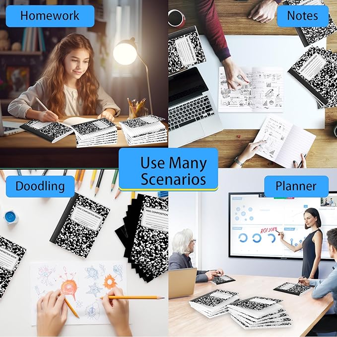 UZLU 48 Pack Mini Composition Notebooks Bulk College Ruled Half Composition Notebook 4.5" x 3.25" Narrow Ruled Small Pocket Marble Journal 60 Sheets for Students Office School Supplies