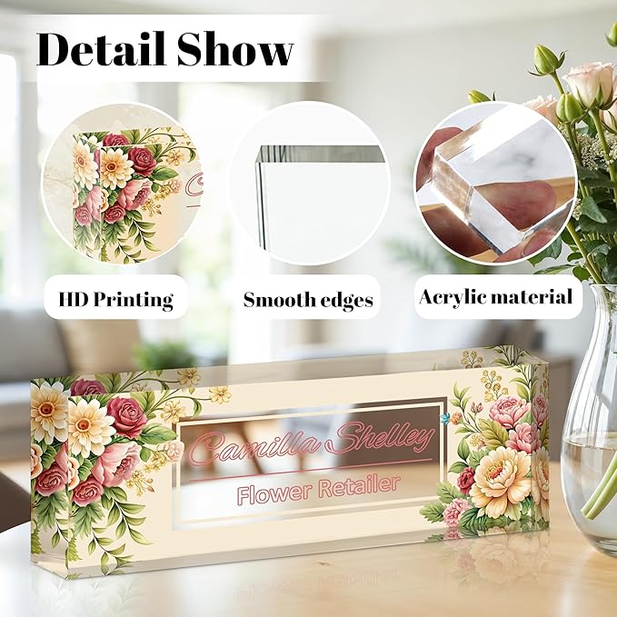 Personalized Name Plate for Desk, Custom Acrylic Desk Name Sign, Office Appreciation Gifts for Women Men Coworkers Boss Teacher Employee (Flower-Rose)