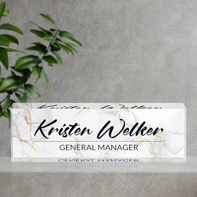 Personalized Desk Name Plate, Custom Acrylic Glass Name Plates for Desks, Office Desk Decor Nameplate, Desk Accessories, Teacher Boss Coworkers Employee Appreciation Gift (White Texture)