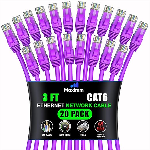 Maximm Cat 6 Ethernet Cable 3 ft (20-Pack) - High-Speed LAN Cable, Internet Cable, Patch Cable, and Network Cable - UTP, 10Gbps, 550MHz Ethernet Cord - Purple