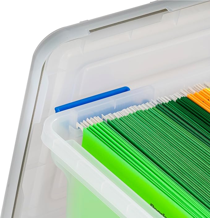 IRIS USA File Box, WeatherPro File Organizer for Letter/Legal File, Water Resistant Document Box, Plastic Gasket File Box With Tight Latch and Seal, Stackable Nestable, Clear/Blue 32 Qt. 3 Pack