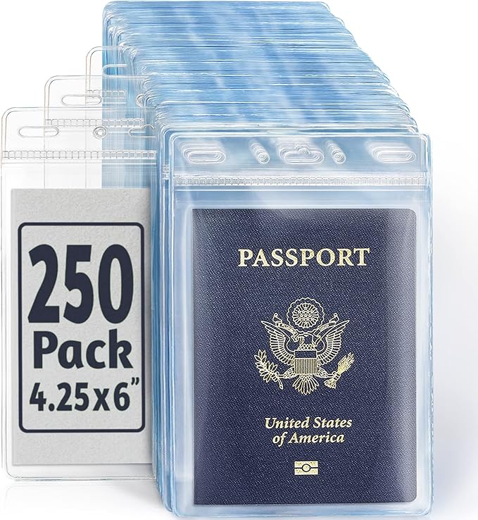 EcoEarth Passport & Identification Card Holders with Soft Edge (Clear, 4x6 Inch, 250 Pack), Extra Large Vertical ID Holder, Zipperless Plastic Name Badge Holders