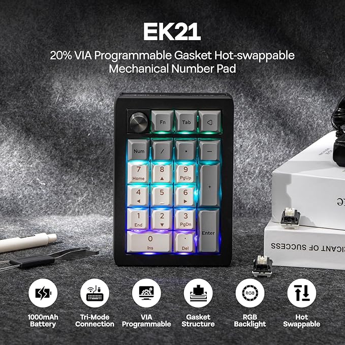 EPOMAKER EK21 VIA Gasket Number Pad with 1000mAh Battery, BT 5.0/2.4GHz/Wired Hot-Swap Numpad with Aluminum Alloy knob, Programmable for Win/Mac/Gaming (Black Silver, Zebra Switch)