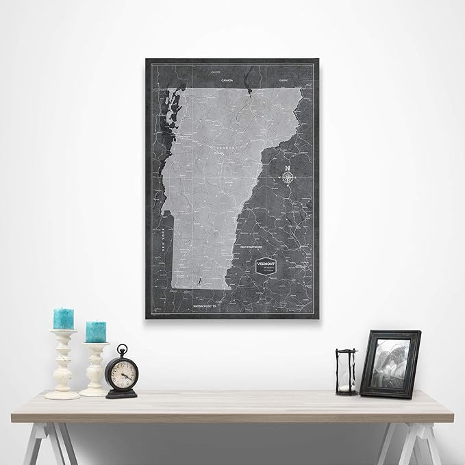 Conquest Maps Push Pin Vermont Map Board - With Push Pins to Mark Vermont Travels - Handmade in Ohio, USA - Design: Modern Slate