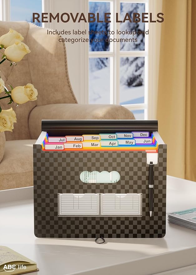 ABC life Accordion File Organizer 12 Pockets,Expanding File Folder/Portable A4 Letter Size Filling Box, Expandable Desktop Accordian Folder, Plastic Paper Document Coupon Organiser with Colored Labels
