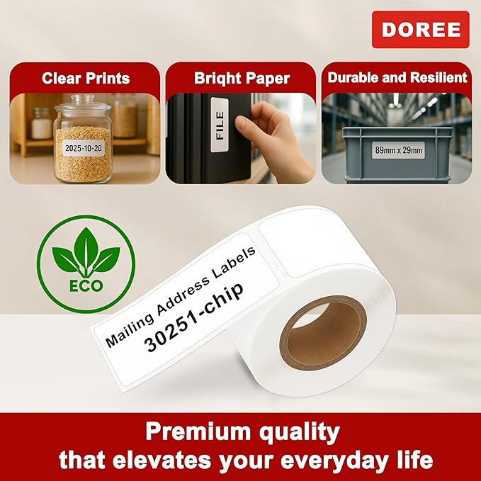 DOREE 12-Roll 1-1/8" x 3-1/2" Mailing Address Labels 30251 with chip,Compatible with LabelWriter 550 5XL 450 4XL Label Printers.(30251-chip LabelWriter Address Labels,White, 12-Rolls Total 1560)