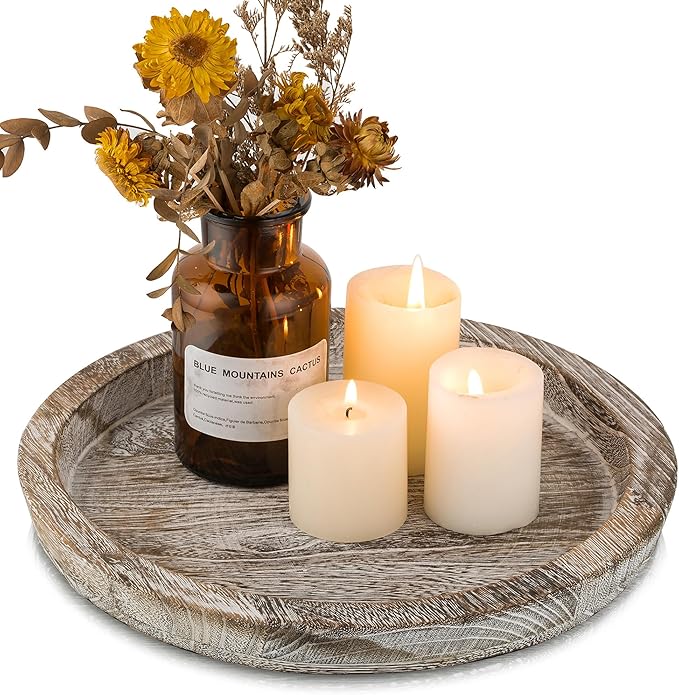 Hanobe Candle Plate Holder Tray: Round Wooden Decorative Candle Plate Small Farmhouse Table Centerpiece Rustic Whitewash Wood Tealight Pillar Trays for Christmas Wedding Halloween Home Decor