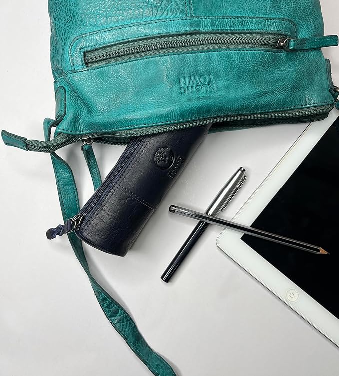 Rustic Town Leather Pencil Case - Full Grain Leather Zippered Pen Pouch - Stationery Bag Pen Holder for Work & Office