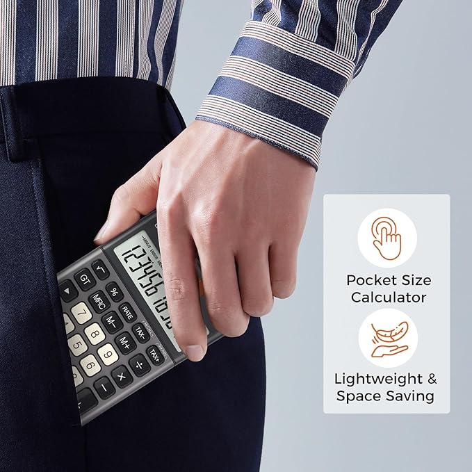 Pendancy Office Small Calculator Desktop with Tax+/- for Tax Calculation, 12 Digit Large LCD Display, Solar Battery Power, Durable Portable Design, Financial Accounting Business Home Use(OS-200T-Gray)