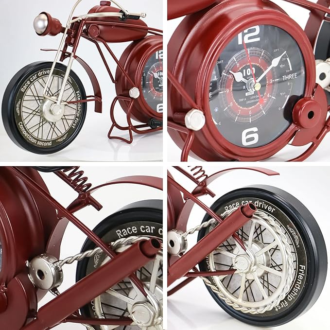 YOUKI Metal Motorcycle Wall Clock,Desk Shelf Clocks Digital Clock for Bedroom,Retro Vintage Non-Ticking Table Clock Battery Operated Silent,Easy to Read,Wall Art16.9 * 1.5 * 7.5 Inches,Red