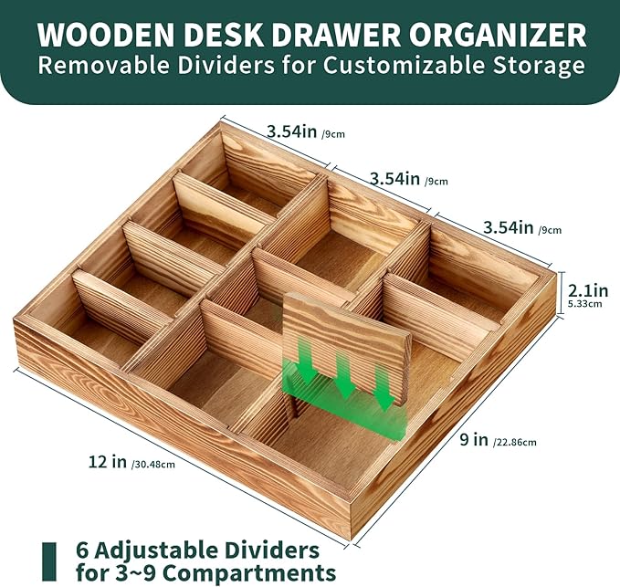 Desk Drawer Organizer Tray with 9 Adjustable Compartments, Wooden Office Desk Accessories Supplies Organization Storage for Desktop Bathroom Vanity Makeup 12" x 9" (Brown)