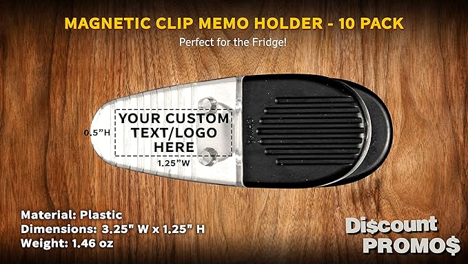 10 Magnetic Memo Holders Set - Customizable Text, Logo - Large Clip, Plastic - Clear