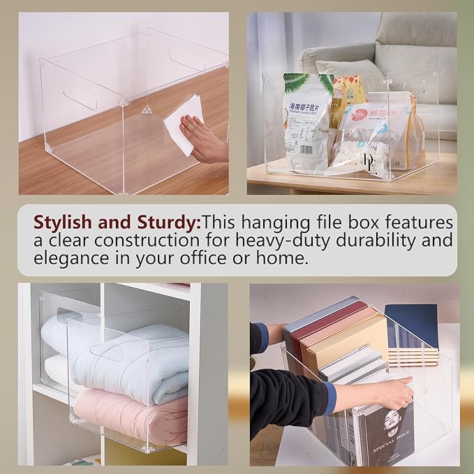 Acrylic File Holder Box with Handles - Clear Acrylic Hanging File Folder Box for Letter Size/A4 - Desktop Organizer for Office (Without Partition)