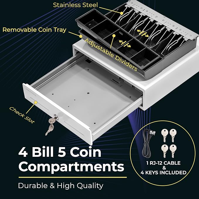 Volcora 13" Cash Register Drawer for Point of Sale (POS) System with Fully Removable 2 Tier Cash Tray, 4 Bill/5 Coin, 24V, RJ11/RJ12 Key-Lock, Double Media Slot, Small Money Drawer, White