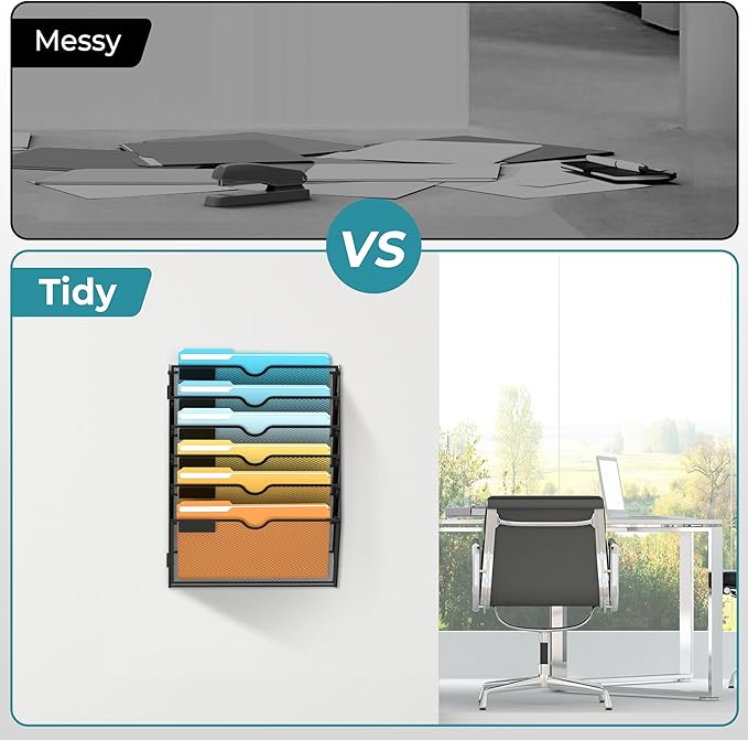 SUPEASY 6-Tier Wall File Organizer Mesh Office Mail Holder, Hanging Wall Organizer Magazine Rack for Office Black