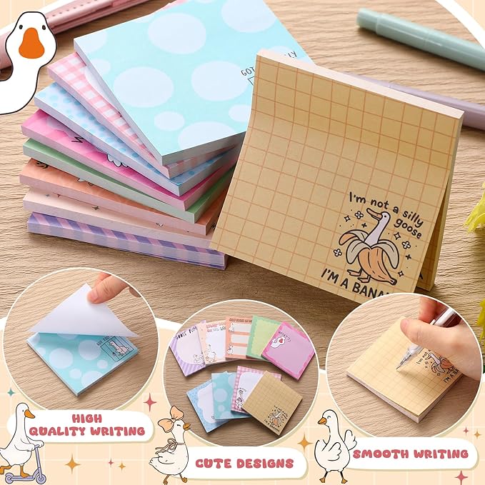 9 Pads Goose Sticky Notes Cartoon Self Stick Notepads 3x3 Inches Notes Adhesive Memo Pad Office Decor Gifts for Students School Teacher Office Meeting
