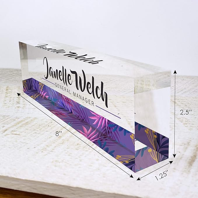 Artblox Personalized Desk Name Plate - Purple Stripe Design On Clear Acrylic Glass - Custom with Your Name and Credentials for Teacher, PhD, Military, Office