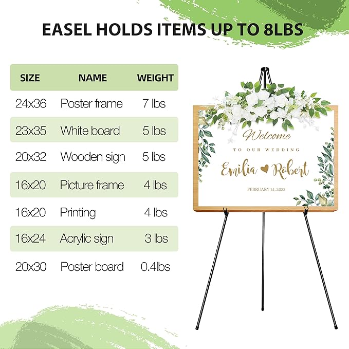 63" Easel Stand for Wedding Sign Poster Display Easel Floor Adjustable Metal Black Art Easel Instant Folding Tripod Easel for Painting Canvas Wedding Welcome Sign Stand, 1Pack