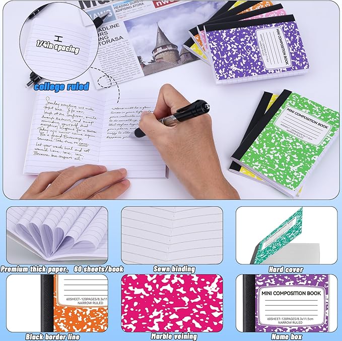 UZLU 48 Pack Mini Composition Notebooks Bulk, Cute Composition Books, Narrow Ruled Small Pocket Notebook for Students College Office, Pocket Sized Marble Journal, 8 Colors 4.5" x 3.25", 60 Sheets