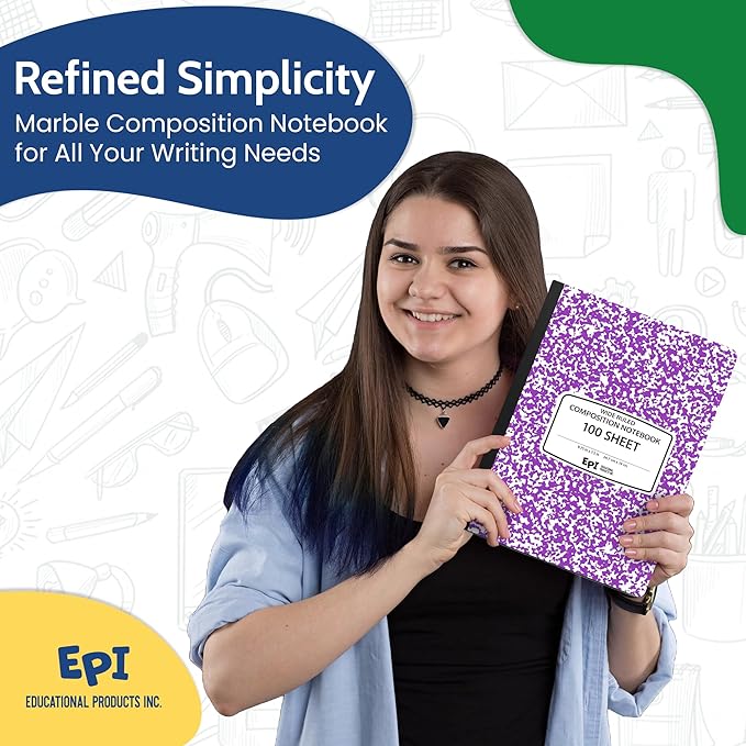 EPI 12 Pack - Assorted Colors Marble Composition Notebook - Wide Ruled 200 Page Note Book - 9.75 x 7.5 Inch Hardcover Journal with Sewn Binding for Secure Pages - Classroom Back To School Supplies