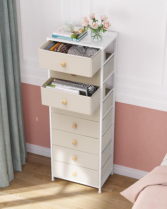 Crestlive Products Tall Dresser, 8-Drawer Fabirc Storage Tower, Chests of Drawers - Vertical Organizer Unit for Bedroom, Hallway, Entryway, Nursery, Closets - Steel Frame, Wood Top & Handles (Beige)