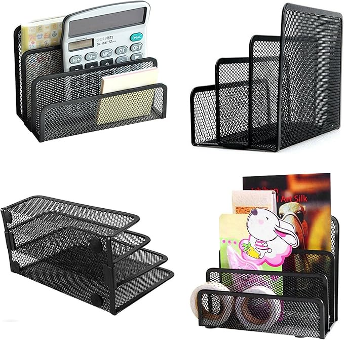 EASEPRES Desk Mail Organizer, Office Small Desktop Metal Mesh Envelope Letter Sorter Paper File Holder Organizer with 3 Vertical Upright Compartments, Black 2 Pack