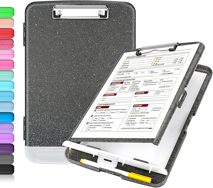 Sooez Glitter Clipboard with Storage, High Capacity Clip Boards 8.5x11 with Pen Holder, Cute Clipboards with Low Profile Clip, Sparkle Plastic Organizer Case Box for Women & Kids, Side Opening