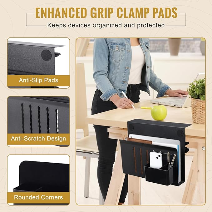 Desk Side Storage, Steel Side Desk Organizer, Clamp on Laptop Mount with Magnetic Pen Holder, No Drill Under Desk Laptop Holder, Table Hanging Storage for Home & Office Organization – Black