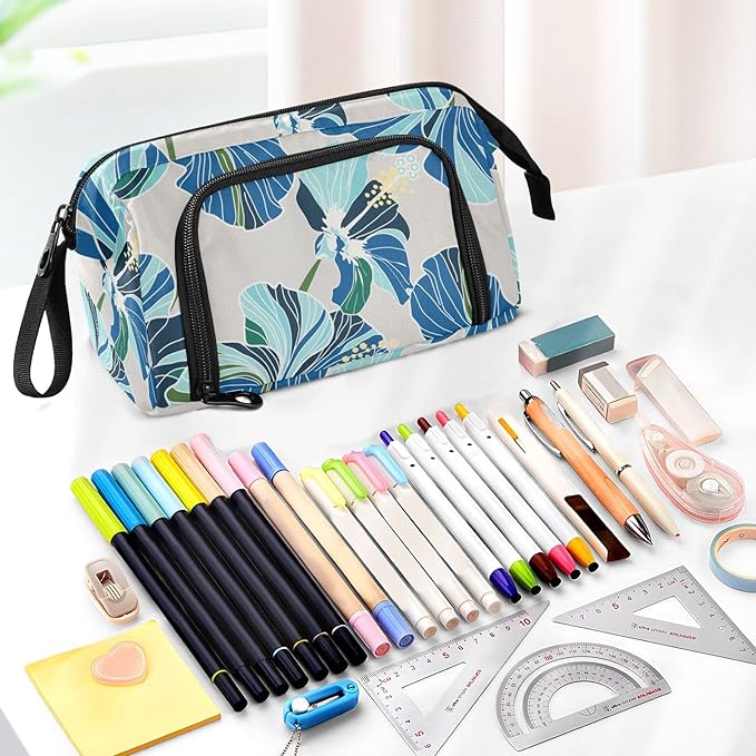 Bolaz Big Capacity Pencil Pen Case Pouch Bag School College Office Organizer for Teens Girls Adults Student-Blue Flower Pattern