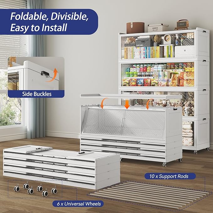 200 Gallon Extra Large Collapsible Storage Bin with Lid, 960QT Stackable Plastic Organizer with 6X Wheels, Foldable Drawer Cabinet for Closet, Living Room Office, Kitchen 4Pack, White