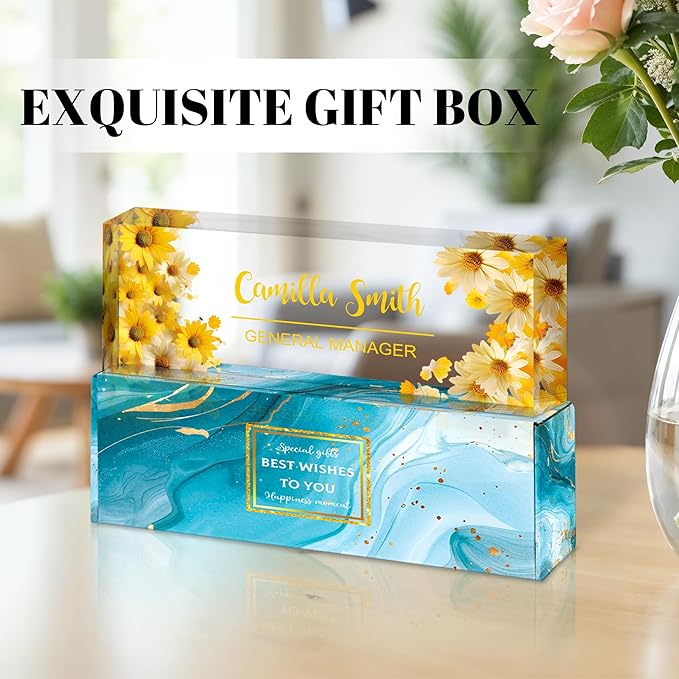 Personalized Name Plate for Desk, Custom Acrylic Desk Name Sign, Office Appreciation Gifts for Women Men Coworkers Boss Teacher Employee (Flower-Sunflower)