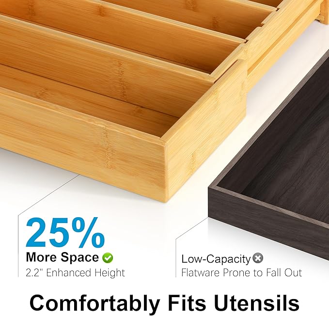 Bamboo Expandable Silverware Organizer - Adjustable Cutlery Tray with 3 Removable Dividers & 5 Tracks, Drawer Organizer for Utensils, Stationery, Tools (12.6" to 20.5")