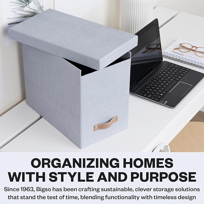 Bigso John File Box - File Storage Box and File Organizer for Important Paperwork - Durable Hanging File Box with Lid and Leather Handle - 7.36 in x 13.26 in x 10.51 in - Ash