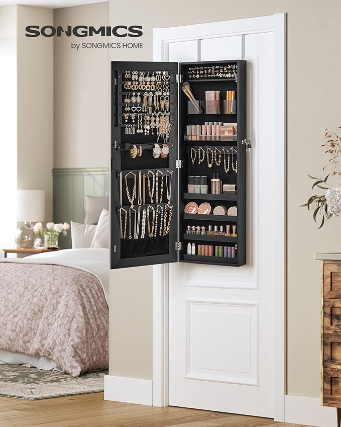 SONGMICS Mirror Jewelry Cabinet Armoire, Wall or Door Mounted Jewelry Storage, Hanging Lockable Frameless with 2 Plastic Cosmetic Organizers, Gift Idea, Black UJJC001B01