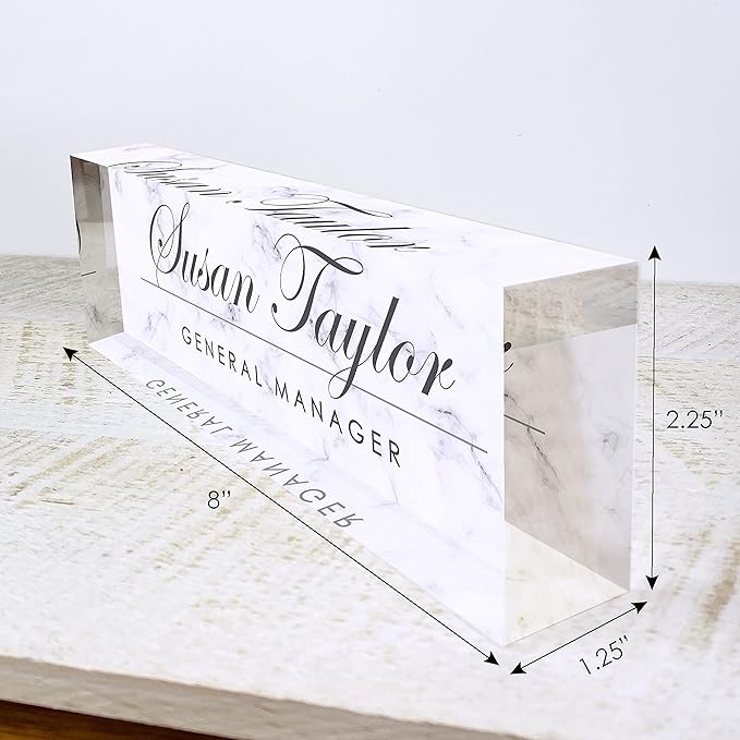 Artblox Personalized Name Plate for Desk | White Marble Design On Clear Acrylic Glass | Custom Plaque Desk Name Plate Personalized Your Name and Credentials Office Office Sign Engraved Plaque