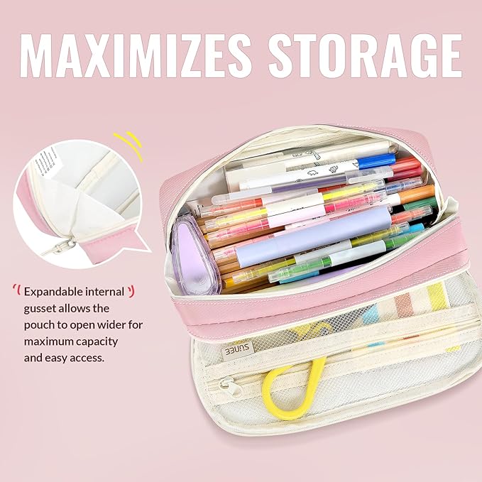 SUNEE Pencil Case, Large Capacity Pencil Pouch, Aesthetic Pen Bag Office Stationery Organizer Simple Sturdy Multifunctional for Teen Girls Women Men, Pink