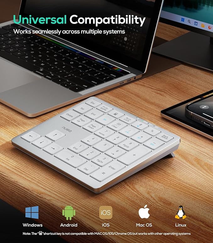 Nulea Wireless Number Pad Bluetooth 5.0 & 2.4G Portable Numeric Keyboard, USB-C Rechargeable, 34-Keys Bluetooth Keyboard for Data Entry (Silvery White)