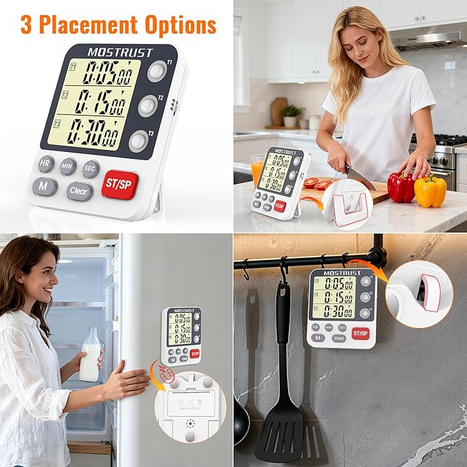 Digital Dual Kitchen Timer, 3 Channels Countdown Triple Timer for Cooking, Magnetic Memory-Preset Large Display Adjustable Alarm Volume, Multi Times Management, 3A Battery Included, White