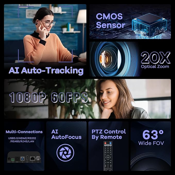 TONGVEO PTZ Camera 20X Optical Zoom HDMI IP Live Streaming SDI USB3.0 1080P 60fps PoE Supports for Church Services Worship Education Video Conference with OBS vMix Wirecast Zoom YouTube and More