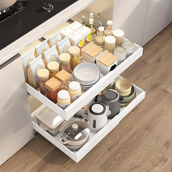 FILTA 2Pack Expandable Pull-Out Cabinet Organizer 21" Deep Slide Out Drawers, Upgrade 3 Slide Rails, Adjustable Width 12.4”-20.4”, With Screws and Nano Film Adhesive, White