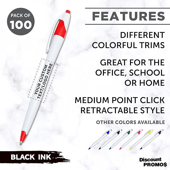 DISCOUNT PROMOS Custom Slim Curvy Ballpoint Pens Set of 100, Personalized Bulk Pack - Black Ink, Retractable, Great for Office, School, Tradeshows - Red