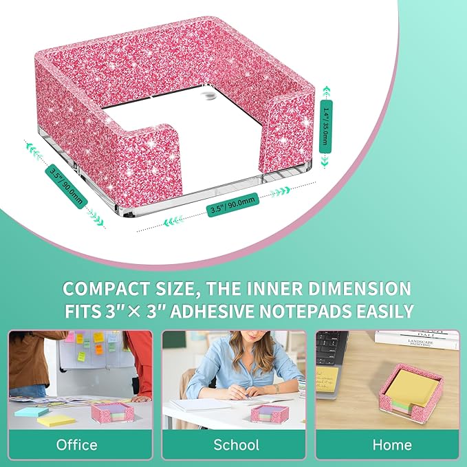Sticky Note Holder, Glitter Pink Acrylic Notepad Holder 3x3 in Self-Stick Note Dispenser Office Desk Accessories, Memo Pad Holder Organizer for Classroom School Supplies