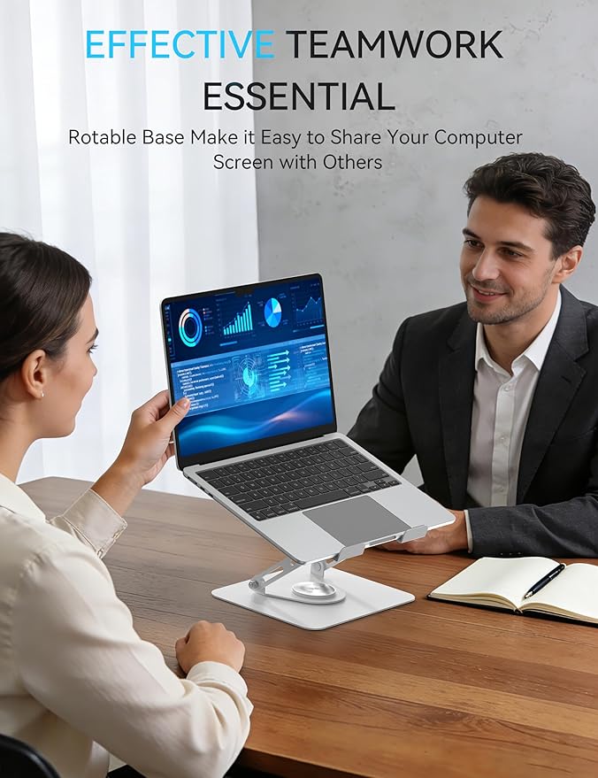 SOUNDANCE Laptop Stand with 360° Rotating Base, Ergonomic Computer Riser for Desk, Adjutable Height Muti-Angle, Foldable Laptop Mount, Stable Metal Holder Support 10-15.6" Notebook PC, White