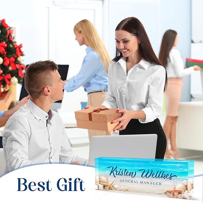 Personalized Office Name Plate, Custom Name Plate for Desks, Office Desk Decorations Gift for Women Men, Acrylic Desk Name Plate for Teacher Coworkers Staff Boss (Beach Date)