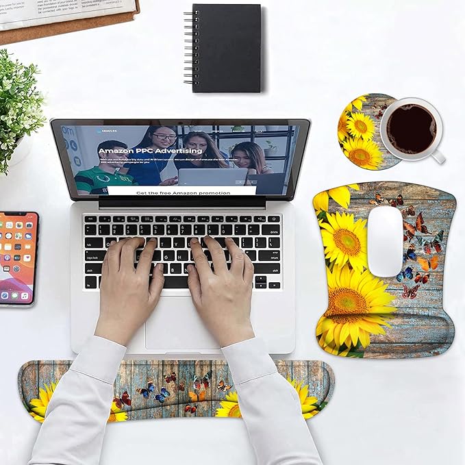 Keyboard Wrist Rest and Mouse Pad Wrist Support Set with Coasters, Non-Slip PU Base Ergonomic Gaming Mousepad for Computer Laptop Home Office Easy Typing & Pain Relief - Sunflower and Butterfly