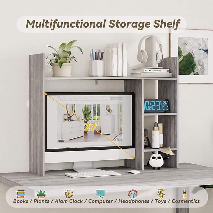 Desktop Bookshelf, Wooden Desk Hutch for Computer Monitor Up to 27'' with 3 Open Storage Shelves, Large 4-Tier Desk Organizer for Dorm Office Home, Wash Grey
