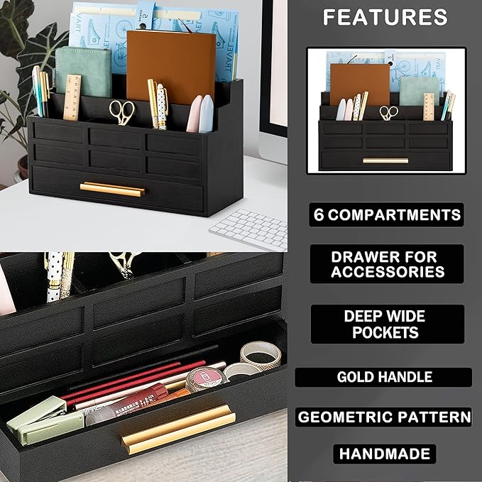 Black Wood Desk Organizer and Accessories with Drawer, Bill Mail Organizer and File Mail Holder for Office Supplies, Rustic Desk Accessories & Workspace Organizers for Desk Organization